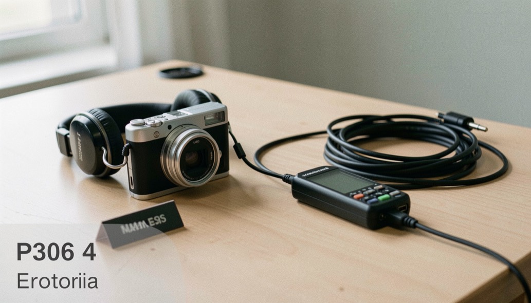 Documentary photograph of a compact camera, headphones, an audio recorder and a coiled cable on a studio table, no visible screens or writing, clean side light. Distinct supporting card P306 4 composition for this editorial entry.
