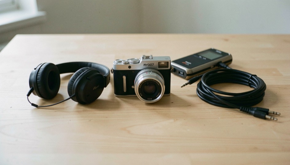 Documentary photograph of a compact camera, headphones, an audio recorder and a coiled cable on a studio table, no visible screens or writing, clean side light. Distinct supporting card P307 4 composition for this editorial entry.