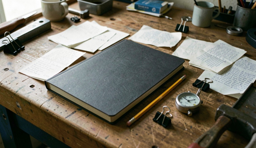 Documentary photograph of loose paper notes, a pencil, binder clips and a small timer around a dark notebook on a workshop table, no readable text, late afternoon light. Distinct home category 6 composition for this editorial entry.