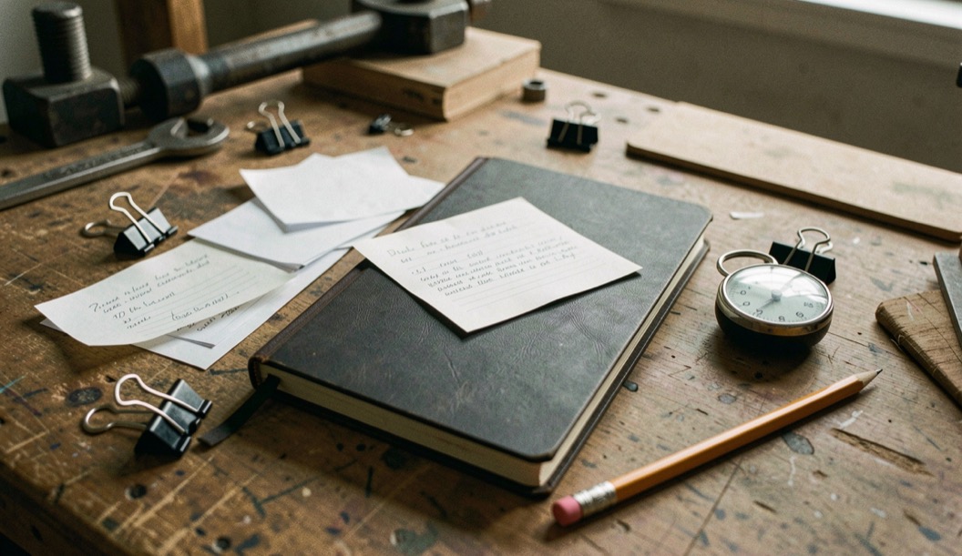Documentary photograph of loose paper notes, a pencil, binder clips and a small timer around a dark notebook on a workshop table, no readable text, late afternoon light. Distinct lead composition for this editorial entry.