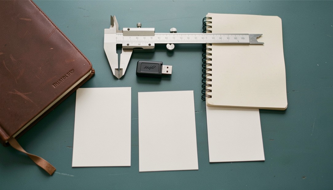 Top-down documentary photograph of a caliper, USB drive, notebook and three blank comparison cards on a blue-green table, no writing, precise soft light. Distinct home resource composition for this editorial entry.