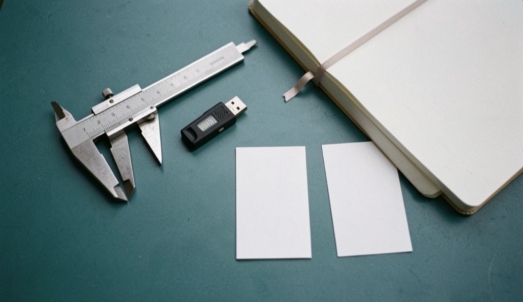 Top-down documentary photograph of a caliper, USB drive, notebook and three blank comparison cards on a blue-green table, no writing, precise soft light. Distinct lead composition for this editorial entry.