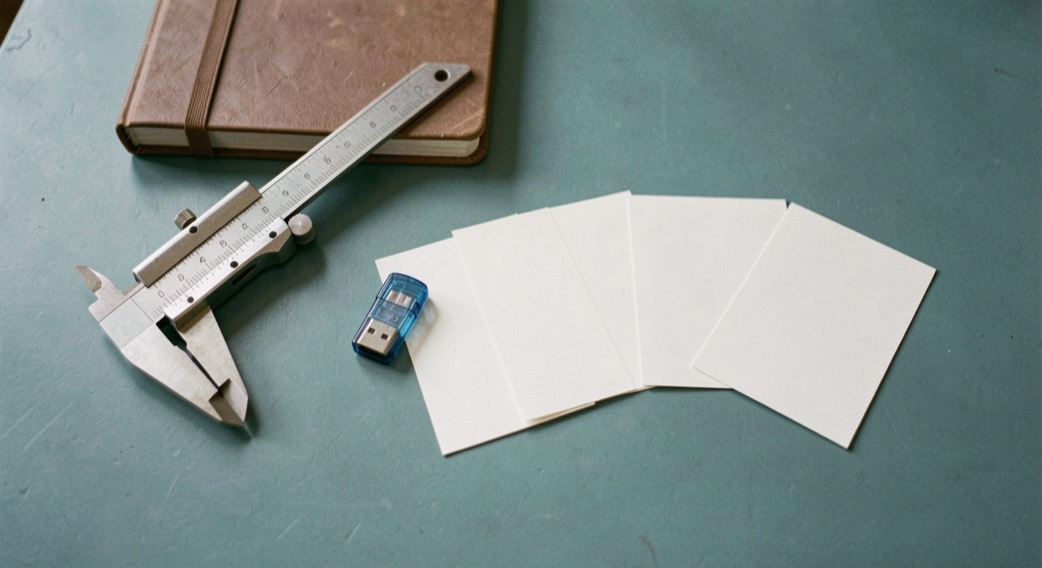 Top-down documentary photograph of a caliper, USB drive, notebook and three blank comparison cards on a blue-green table, no writing, precise soft light. Distinct supporting card P205 1 composition for this editorial entry.
