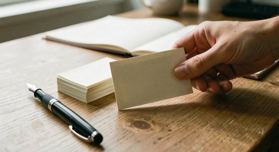 Close documentary photograph of a hand placing a blank index card beside a small stack of connected note cards, a fountain pen resting nearby, no readable writing, soft desk light. Distinct home journal 1 composition for this editorial entry.