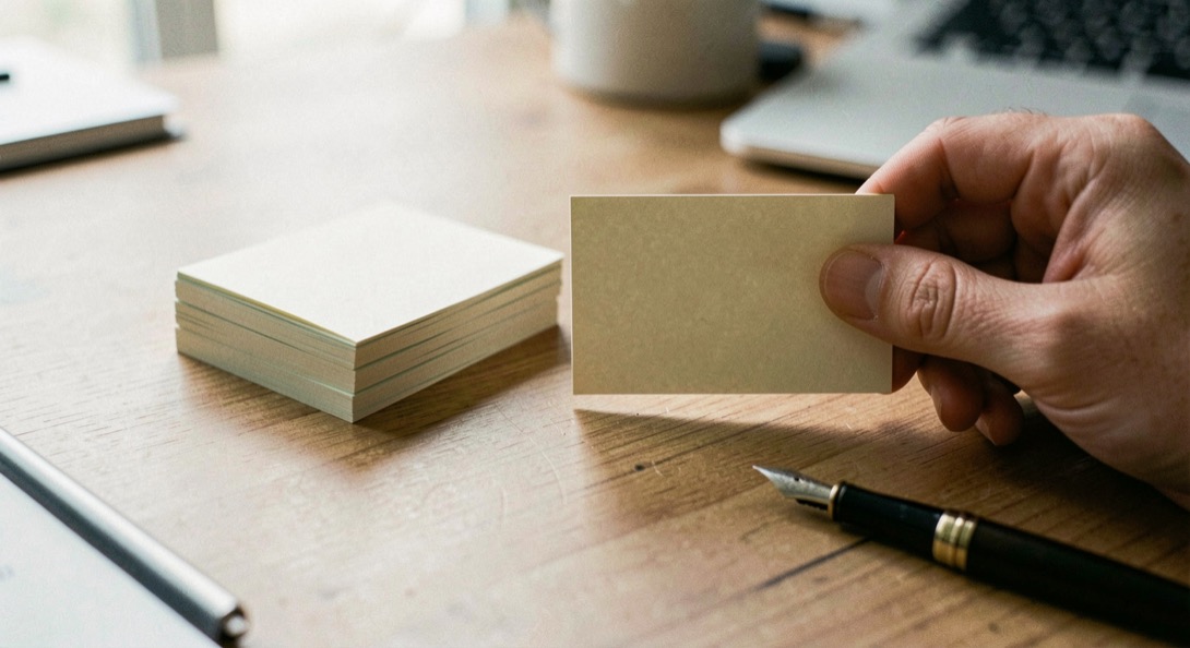 Close documentary photograph of a hand placing a blank index card beside a small stack of connected note cards, a fountain pen resting nearby, no readable writing, soft desk light. Distinct supporting card P002 1 composition for this editorial entry.