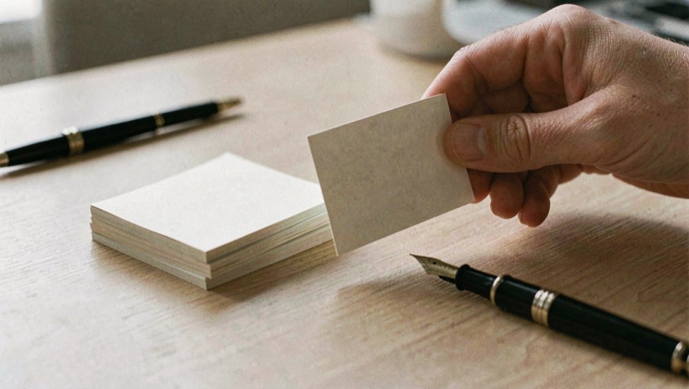 Close documentary photograph of a hand placing a blank index card beside a small stack of connected note cards, a fountain pen resting nearby, no readable writing, soft desk light. Distinct supporting card P105 2 composition for this editorial entry.