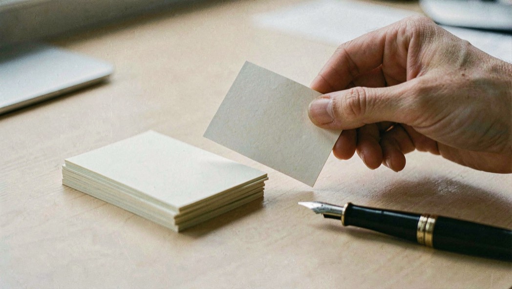 Close documentary photograph of a hand placing a blank index card beside a small stack of connected note cards, a fountain pen resting nearby, no readable writing, soft desk light. Distinct supporting card P108 2 composition for this editorial entry.