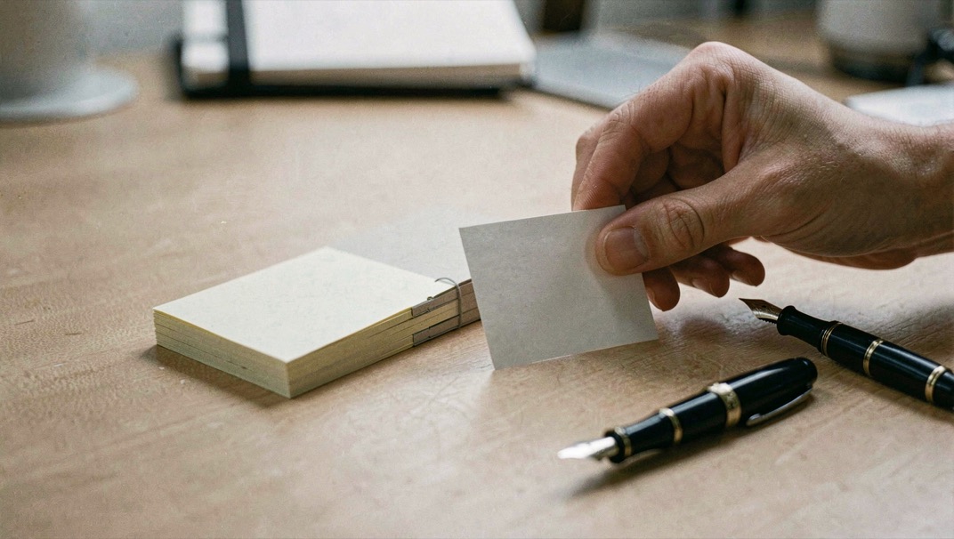 Close documentary photograph of a hand placing a blank index card beside a small stack of connected note cards, a fountain pen resting nearby, no readable writing, soft desk light. Distinct supporting card P111 2 composition for this editorial entry.