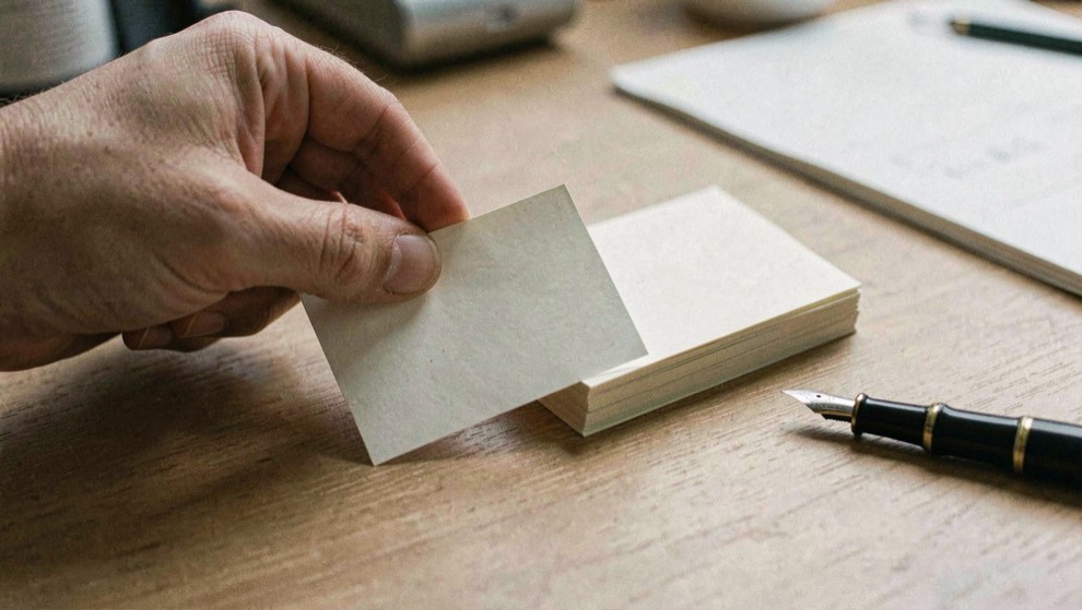 Close documentary photograph of a hand placing a blank index card beside a small stack of connected note cards, a fountain pen resting nearby, no readable writing, soft desk light. Distinct supporting card P203 2 composition for this editorial entry.