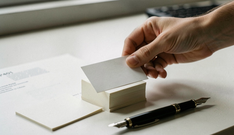 Close documentary photograph of a hand placing a blank index card beside a small stack of connected note cards, a fountain pen resting nearby, no readable writing, soft desk light. Distinct supporting card P401 2 composition for this editorial entry.