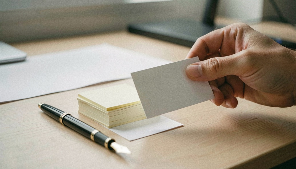 Close documentary photograph of a hand placing a blank index card beside a small stack of connected note cards, a fountain pen resting nearby, no readable writing, soft desk light. Distinct supporting card P402 2 composition for this editorial entry.
