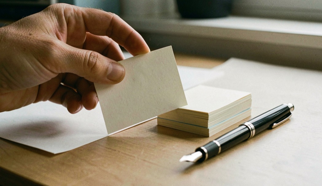 Close documentary photograph of a hand placing a blank index card beside a small stack of connected note cards, a fountain pen resting nearby, no readable writing, soft desk light. Distinct supporting card P405 2 composition for this editorial entry.