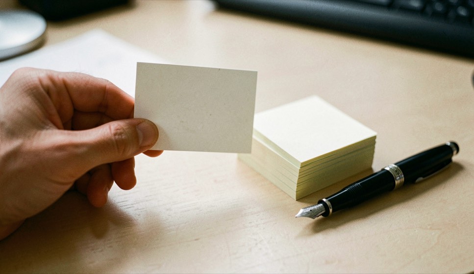 Close documentary photograph of a hand placing a blank index card beside a small stack of connected note cards, a fountain pen resting nearby, no readable writing, soft desk light. Distinct supporting card P902 2 composition for this editorial entry.