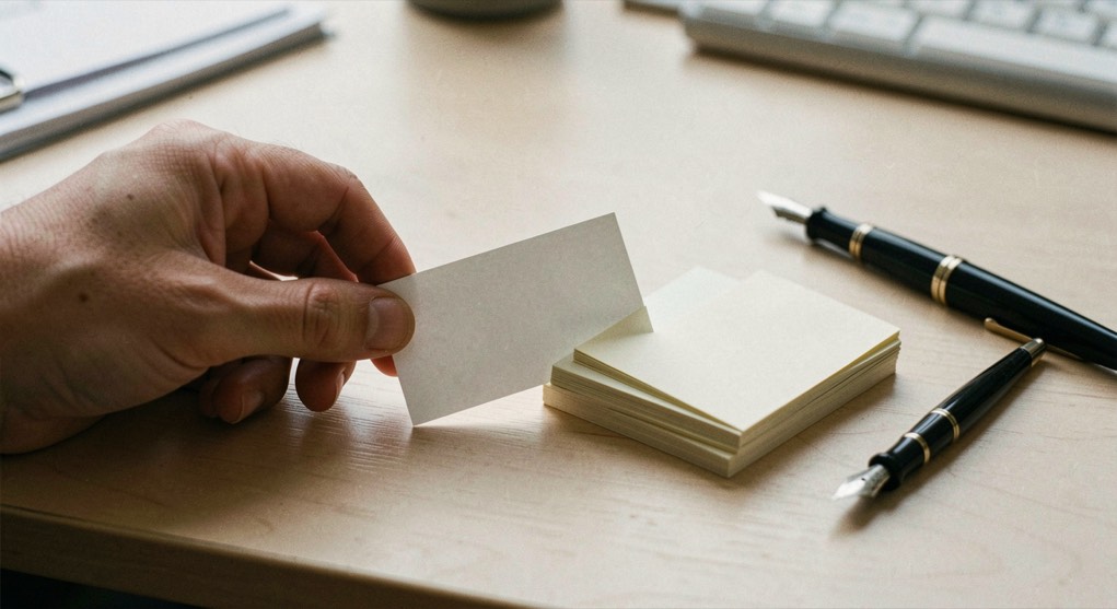 Close documentary photograph of a hand placing a blank index card beside a small stack of connected note cards, a fountain pen resting nearby, no readable writing, soft desk light. Distinct section Wissen 1 composition for this editorial entry.