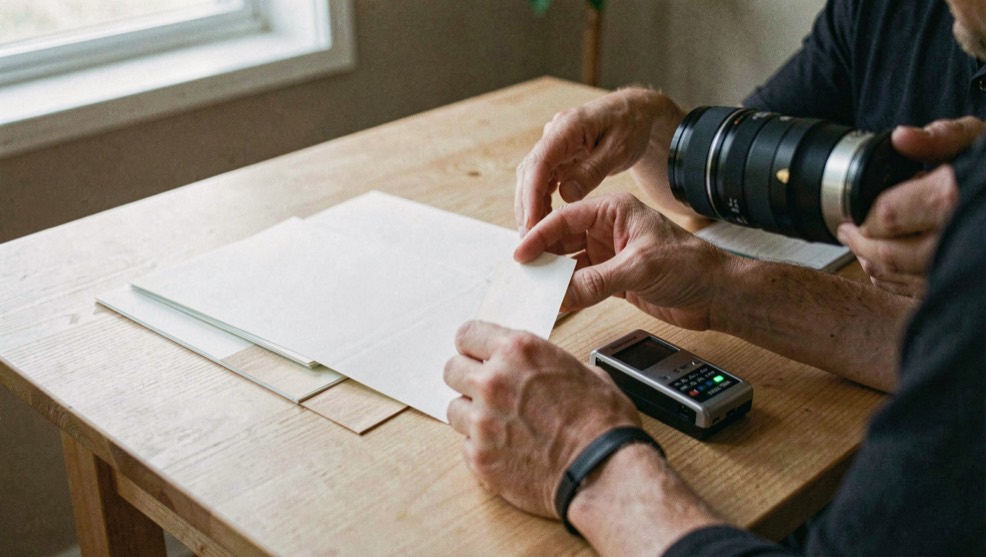 Documentary photograph of a photographer sorting blank archive sleeves, a hard drive and a small card reader on a clean wooden table, no logos or readable labels, side daylight. Distinct home journal 2 composition for this editorial entry.