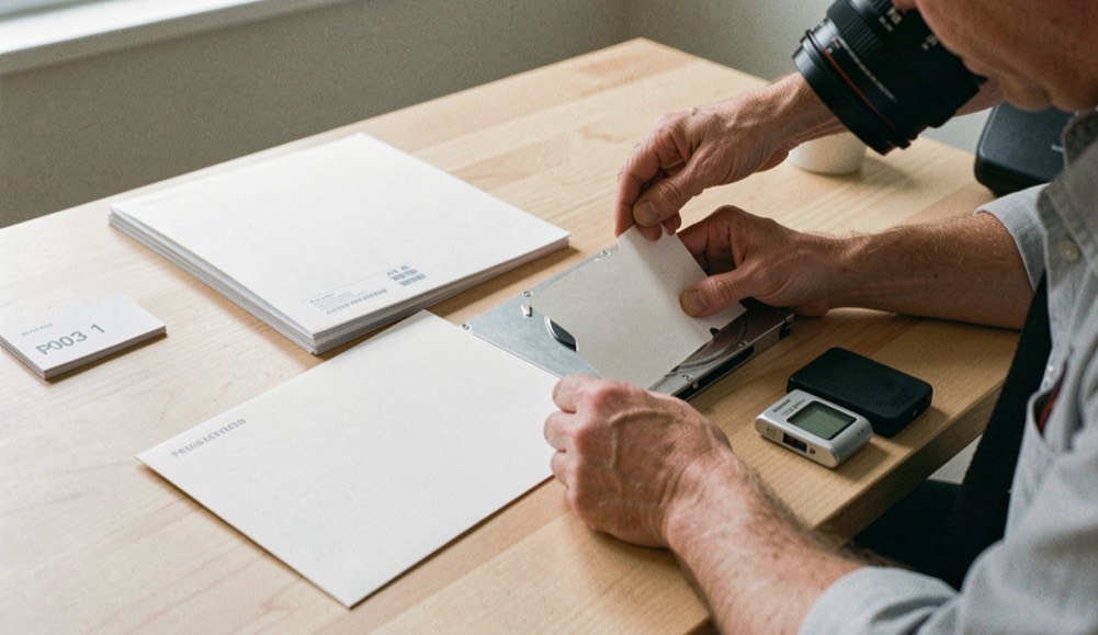 Documentary photograph of a photographer sorting blank archive sleeves, a hard drive and a small card reader on a clean wooden table, no logos or readable labels, side daylight. Distinct supporting card P003 1 composition for this editorial entry.