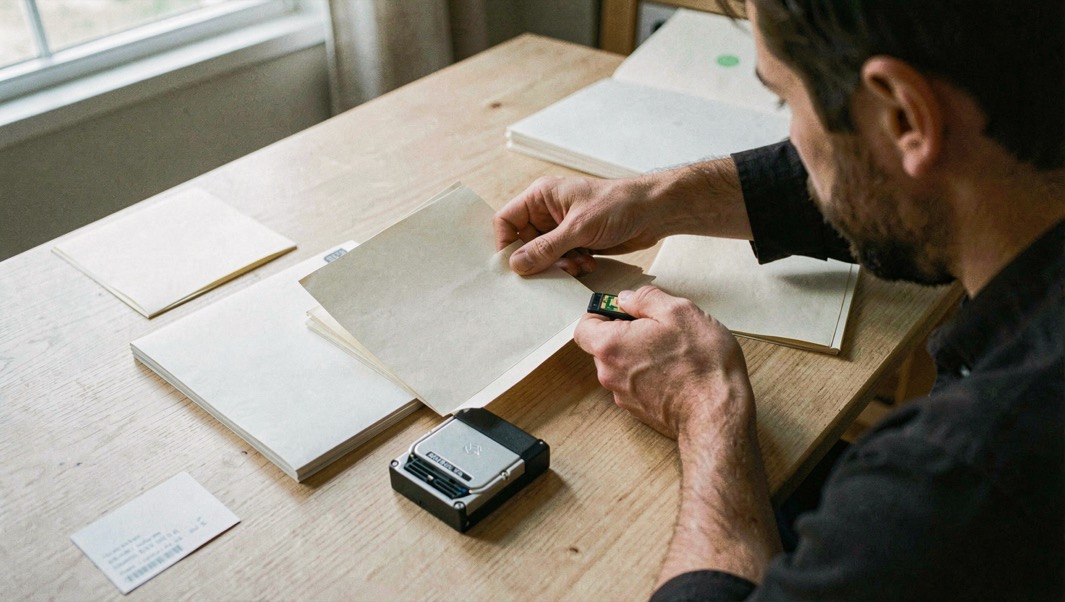 Documentary photograph of a photographer sorting blank archive sleeves, a hard drive and a small card reader on a clean wooden table, no logos or readable labels, side daylight. Distinct supporting card P104 2 composition for this editorial entry.