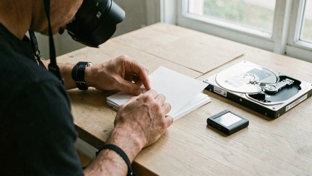 Documentary photograph of a photographer sorting blank archive sleeves, a hard drive and a small card reader on a clean wooden table, no logos or readable labels, side daylight. Distinct supporting card P110 2 composition for this editorial entry.