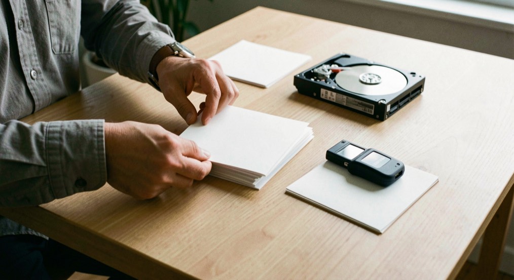 Documentary photograph of a photographer sorting blank archive sleeves, a hard drive and a small card reader on a clean wooden table, no logos or readable labels, side daylight. Distinct supporting card P202 2 composition for this editorial entry.
