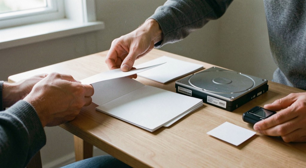Documentary photograph of a photographer sorting blank archive sleeves, a hard drive and a small card reader on a clean wooden table, no logos or readable labels, side daylight. Distinct supporting card P403 2 composition for this editorial entry.