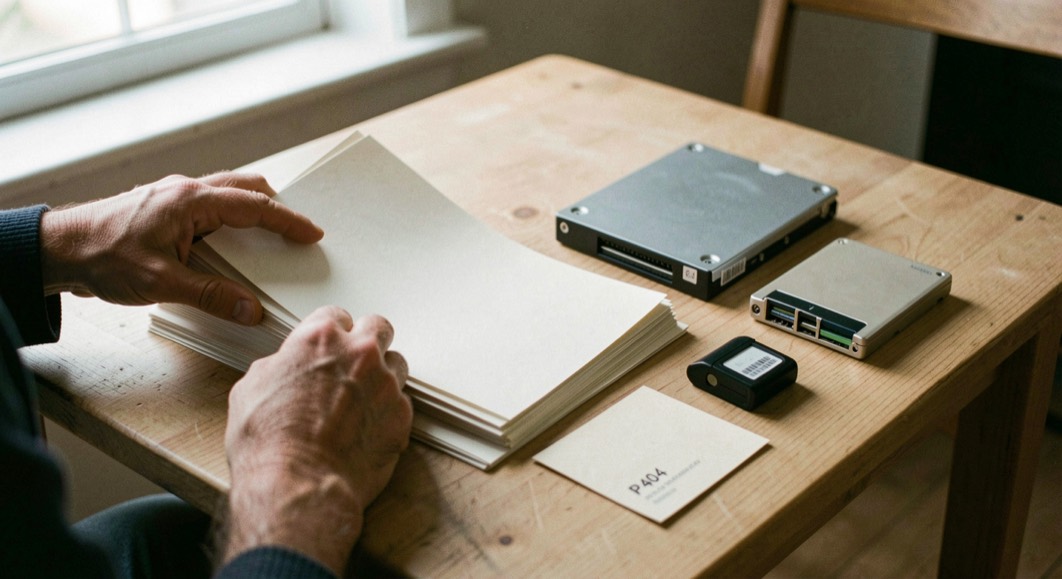 Documentary photograph of a photographer sorting blank archive sleeves, a hard drive and a small card reader on a clean wooden table, no logos or readable labels, side daylight. Distinct supporting card P404 2 composition for this editorial entry.