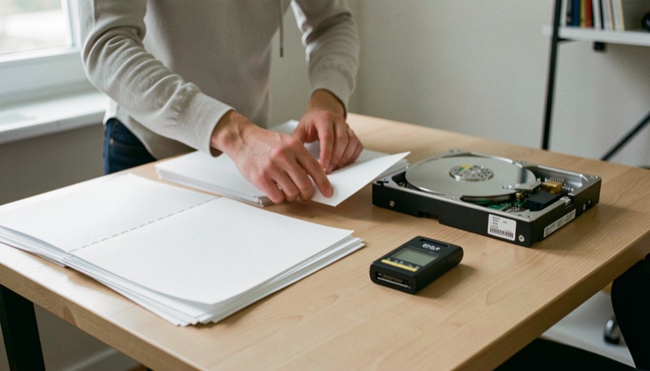 Documentary photograph of a photographer sorting blank archive sleeves, a hard drive and a small card reader on a clean wooden table, no logos or readable labels, side daylight. Distinct section Dateien & Backup 1 composition for this editorial entry.