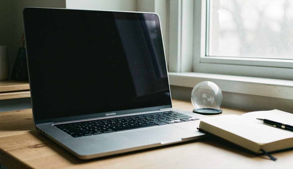 Documentary photograph of a laptop with a completely blank dark screen beside a notebook, a small privacy shutter and a window reflection, no readable interface, cool morning light. Distinct lead composition for this editorial entry.