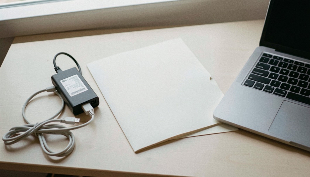 Documentary photograph of an external drive, a cable, a blank folder and a laptop closed beside them on a pale desk, no readable labels, quiet natural light. Distinct home journal 4 composition for this editorial entry.