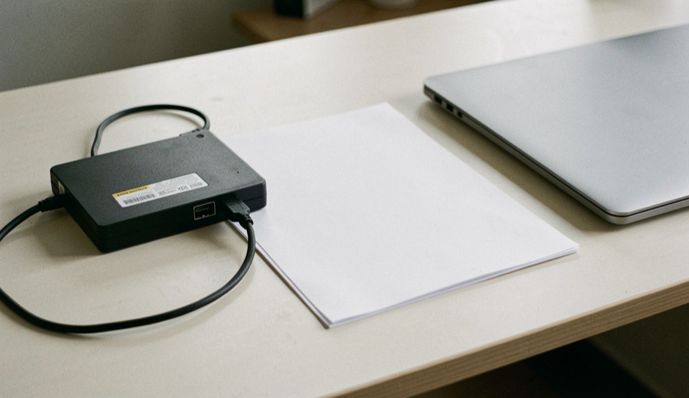 Documentary photograph of an external drive, a cable, a blank folder and a laptop closed beside them on a pale desk, no readable labels, quiet natural light. Distinct lead composition for this editorial entry.