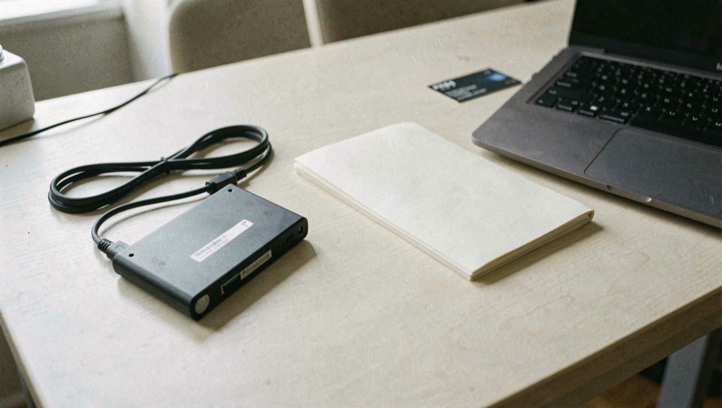 Documentary photograph of an external drive, a cable, a blank folder and a laptop closed beside them on a pale desk, no readable labels, quiet natural light. Distinct supporting card P202 3 composition for this editorial entry.