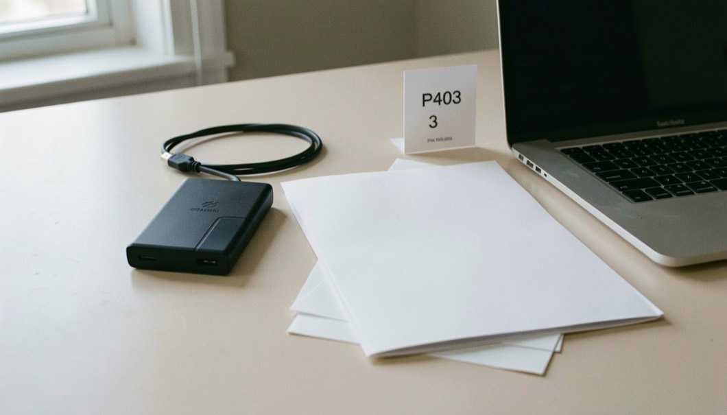 Documentary photograph of an external drive, a cable, a blank folder and a laptop closed beside them on a pale desk, no readable labels, quiet natural light. Distinct supporting card P403 3 composition for this editorial entry.