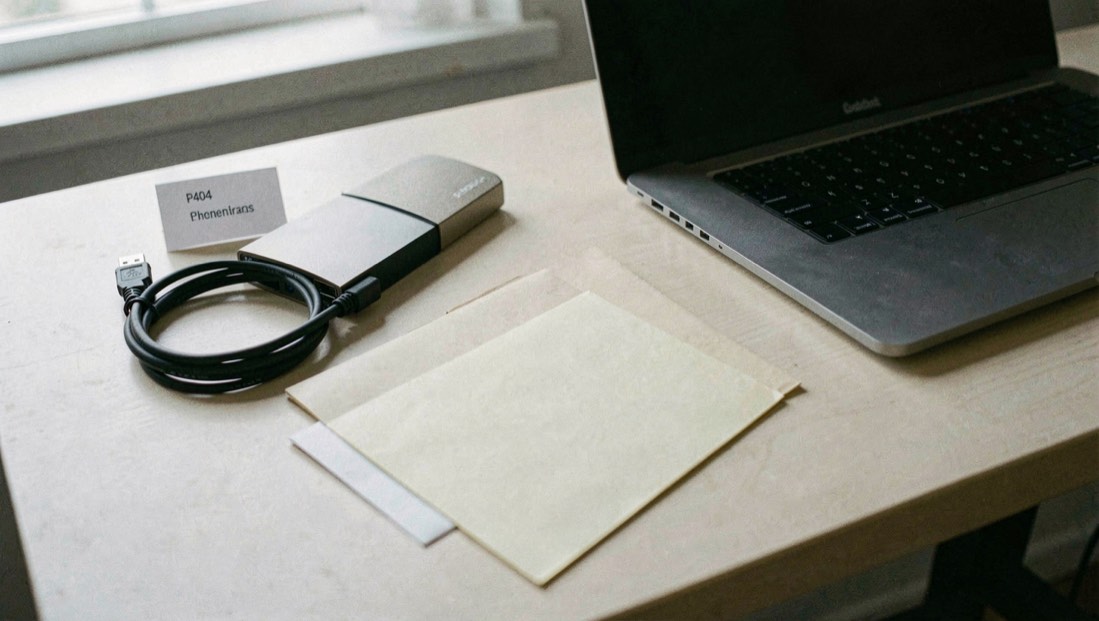 Documentary photograph of an external drive, a cable, a blank folder and a laptop closed beside them on a pale desk, no readable labels, quiet natural light. Distinct supporting card P404 3 composition for this editorial entry.