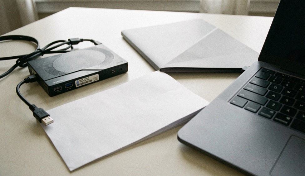 Documentary photograph of an external drive, a cable, a blank folder and a laptop closed beside them on a pale desk, no readable labels, quiet natural light. Distinct section Dateien & Backup 2 composition for this editorial entry.