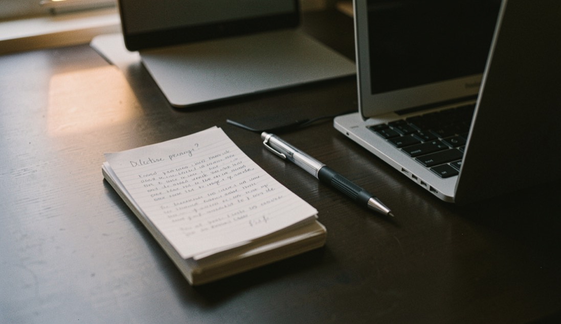 Documentary photograph of a small stack of paper drafts, a mechanical pencil and a compact laptop on a dark desk, no readable words, a single warm pool of light. Distinct home journal 5 composition for this editorial entry.