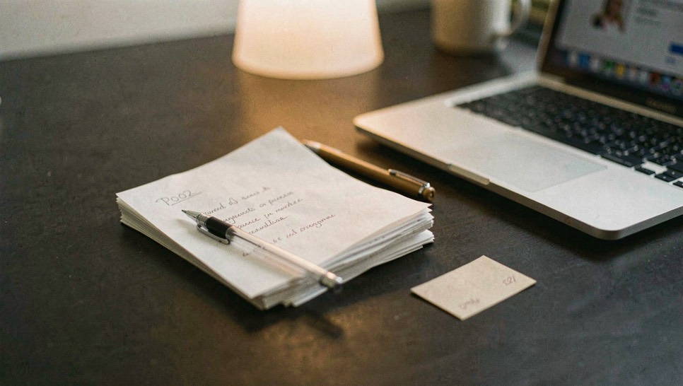 Documentary photograph of a small stack of paper drafts, a mechanical pencil and a compact laptop on a dark desk, no readable words, a single warm pool of light. Distinct supporting card P002 2 composition for this editorial entry.