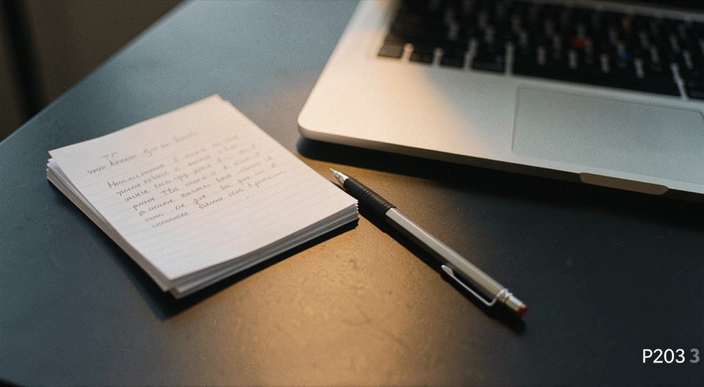 Documentary photograph of a small stack of paper drafts, a mechanical pencil and a compact laptop on a dark desk, no readable words, a single warm pool of light. Distinct supporting card P203 3 composition for this editorial entry.
