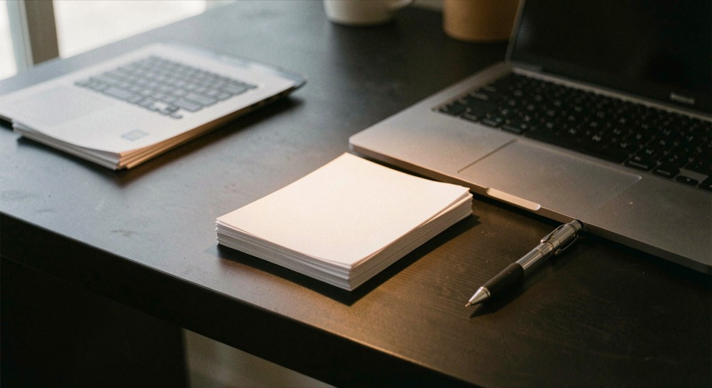 Documentary photograph of a small stack of paper drafts, a mechanical pencil and a compact laptop on a dark desk, no readable words, a single warm pool of light. Distinct supporting card P401 3 composition for this editorial entry.