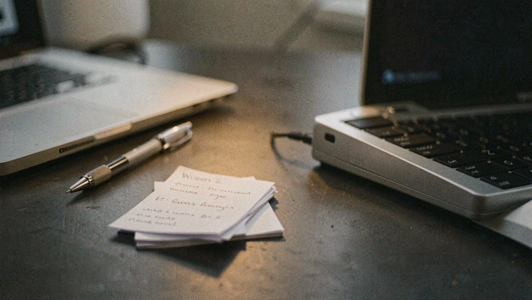 Documentary photograph of a small stack of paper drafts, a mechanical pencil and a compact laptop on a dark desk, no readable words, a single warm pool of light. Distinct section Wissen 2 composition for this editorial entry.