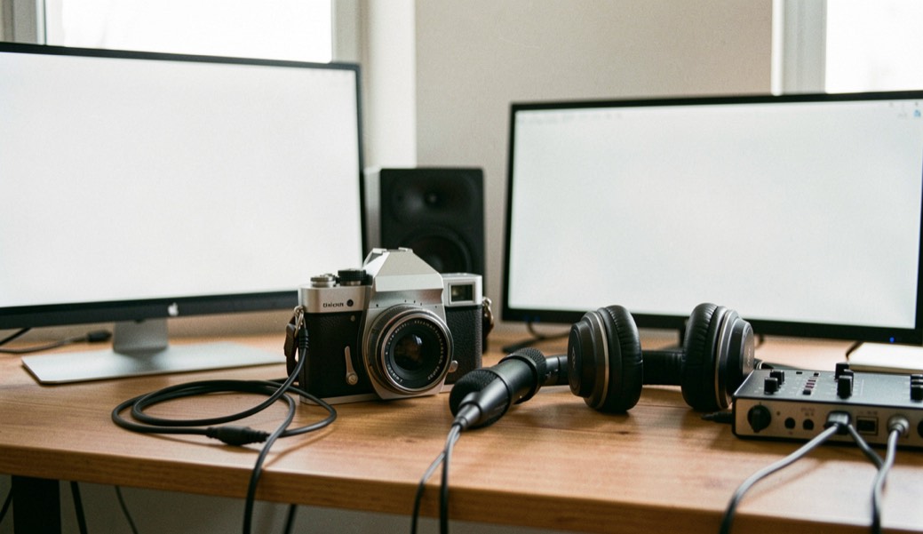 Documentary photograph of a small camera, microphone, headphones and audio interface arranged for a local recording, blank screens, soft studio daylight. Distinct lead composition for this editorial entry.