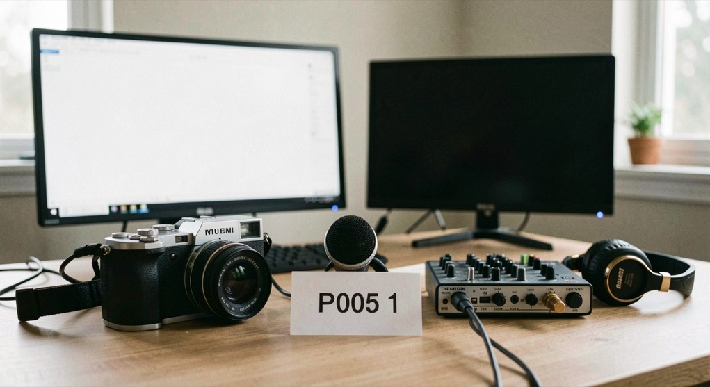 Documentary photograph of a small camera, microphone, headphones and audio interface arranged for a local recording, blank screens, soft studio daylight. Distinct supporting card P005 1 composition for this editorial entry.