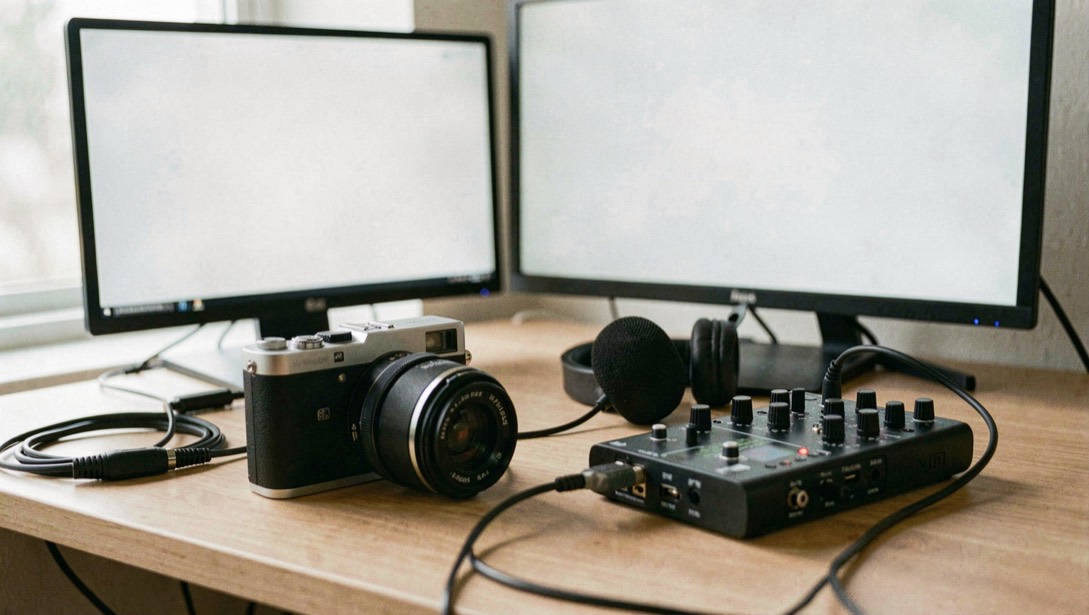 Documentary photograph of a small camera, microphone, headphones and audio interface arranged for a local recording, blank screens, soft studio daylight. Distinct supporting card P107 2 composition for this editorial entry.