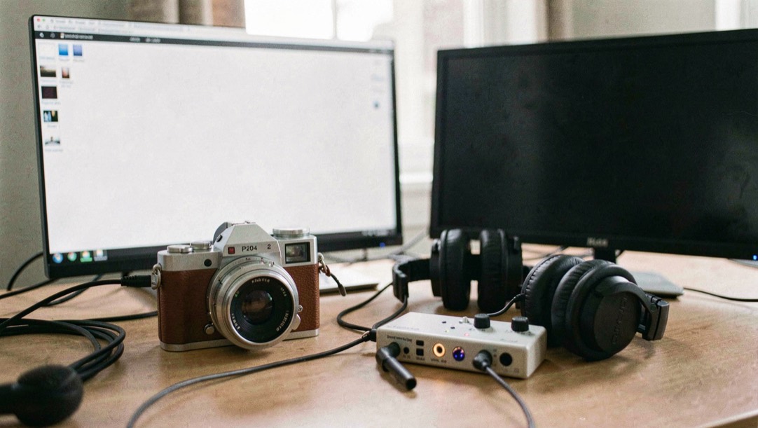 Documentary photograph of a small camera, microphone, headphones and audio interface arranged for a local recording, blank screens, soft studio daylight. Distinct supporting card P204 2 composition for this editorial entry.