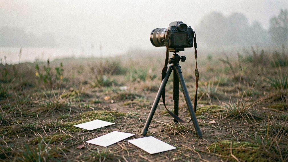 Documentary photograph of a camera on a simple tripod facing a quiet landscape, several blank exposure cards on the ground, no readable text, hazy morning light. Distinct home journal 7 composition for this editorial entry.