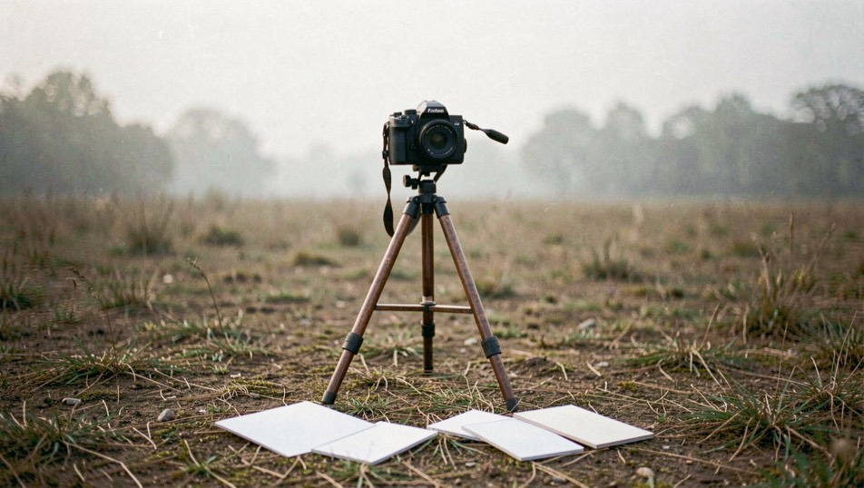Documentary photograph of a camera on a simple tripod facing a quiet landscape, several blank exposure cards on the ground, no readable text, hazy morning light. Distinct supporting card P106 2 composition for this editorial entry.