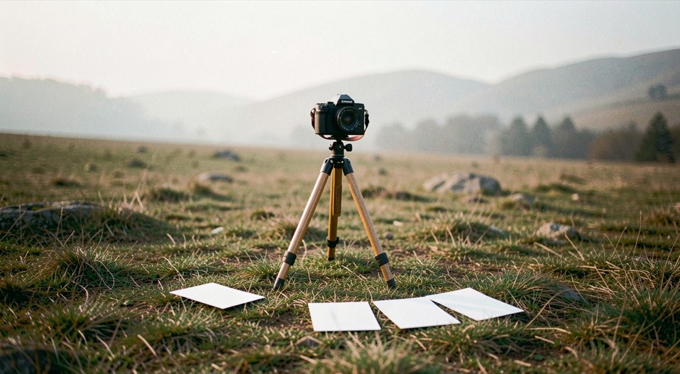 Documentary photograph of a camera on a simple tripod facing a quiet landscape, several blank exposure cards on the ground, no readable text, hazy morning light. Distinct supporting card P204 3 composition for this editorial entry.