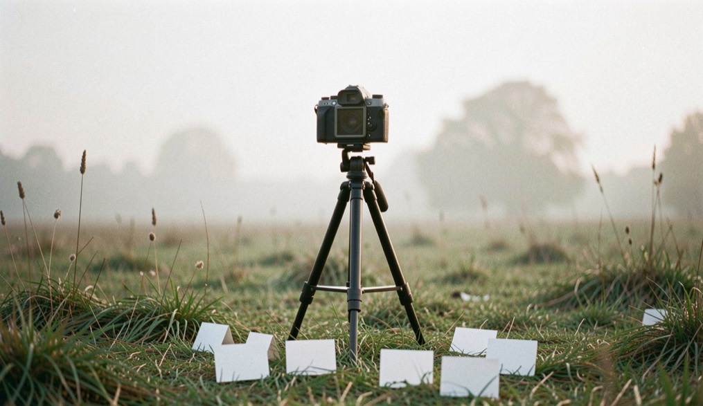 Documentary photograph of a camera on a simple tripod facing a quiet landscape, several blank exposure cards on the ground, no readable text, hazy morning light. Distinct supporting card P903 3 composition for this editorial entry.