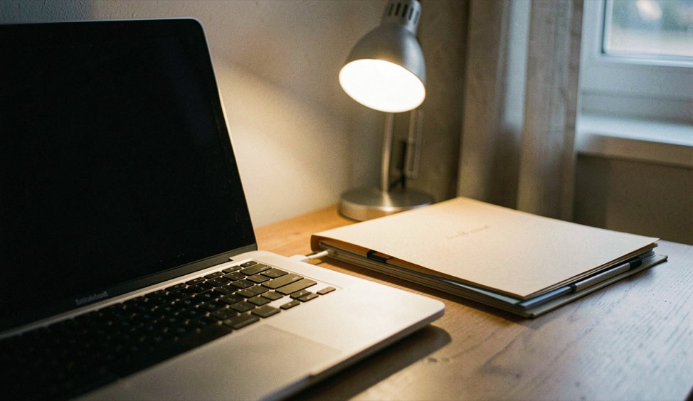 Documentary photograph of a laptop keyboard, a paper folder and a small desk lamp in a calm home workspace, screen turned away, no readable text, evening light. Distinct lead composition for this editorial entry.