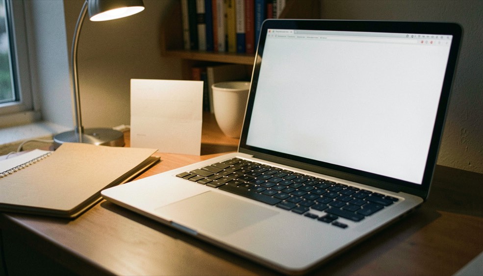 Documentary photograph of a laptop keyboard, a paper folder and a small desk lamp in a calm home workspace, screen turned away, no readable text, evening light. Distinct supporting card P111 4 composition for this editorial entry.