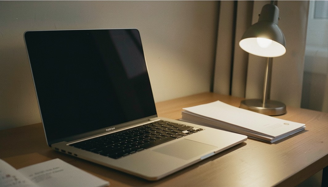 Documentary photograph of a laptop keyboard, a paper folder and a small desk lamp in a calm home workspace, screen turned away, no readable text, evening light. Distinct supporting card P203 4 composition for this editorial entry.