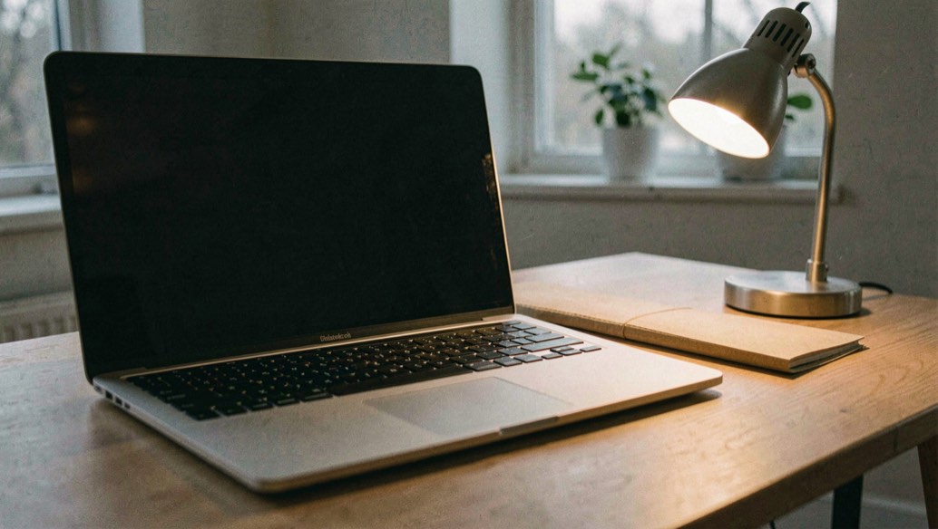 Documentary photograph of a laptop keyboard, a paper folder and a small desk lamp in a calm home workspace, screen turned away, no readable text, evening light. Distinct supporting card P401 4 composition for this editorial entry.